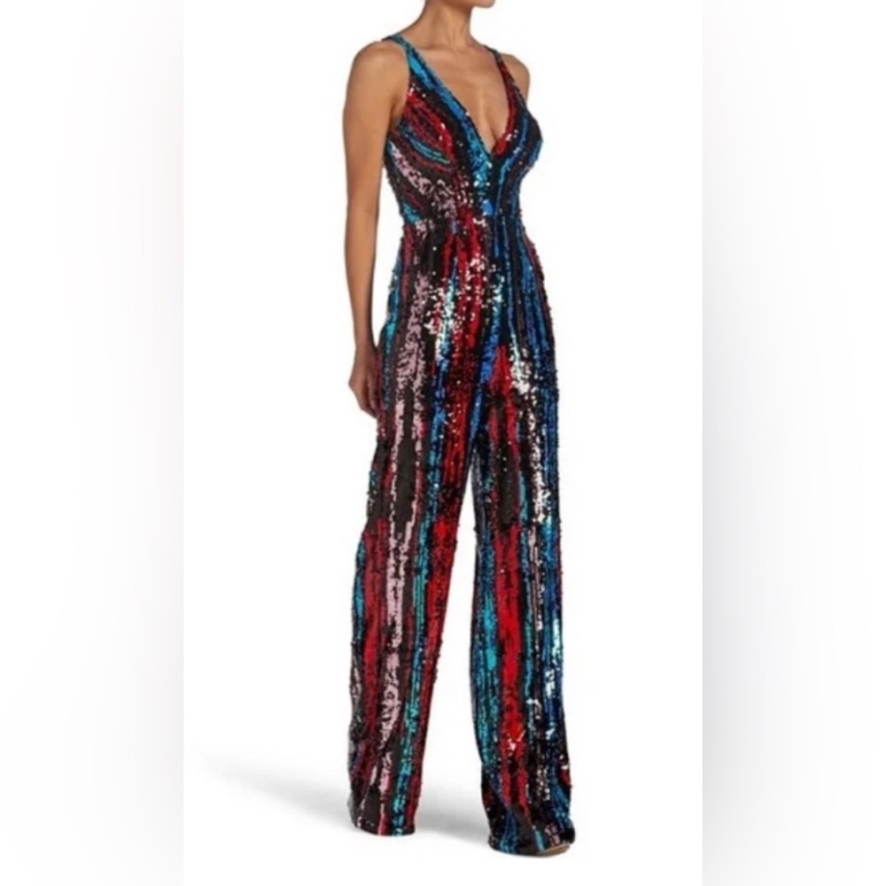 Dress the Population Charlie Black Multi Sequin plunging v neck Jumpsuit XL - Picture 5 of 6